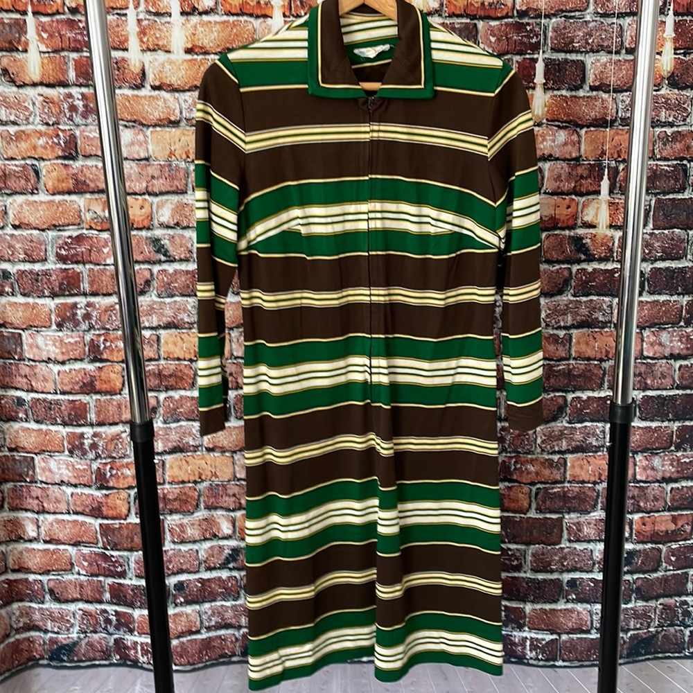 Vintage Parkshire 60s 70s long sleeve dress stripe brown green midcentury MCM